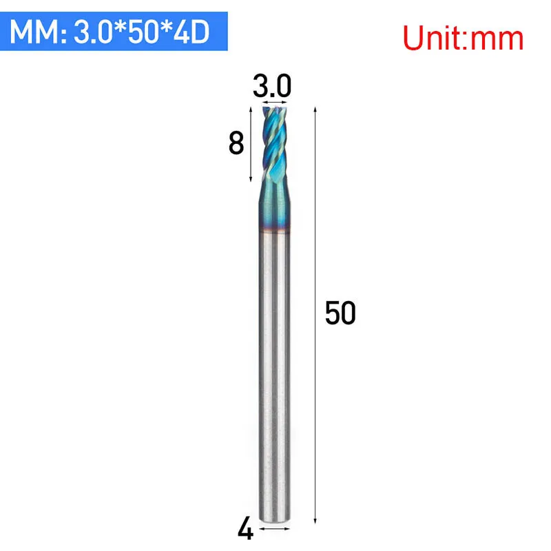 Карбид вольфрама HRC 65 градусов 4 флейты нано синее покрытие Концевая фреза хвостовик 4 6 8 10 мм затвердевает для алюминиевого сплава фреза - Длина режущей кромки: L00305