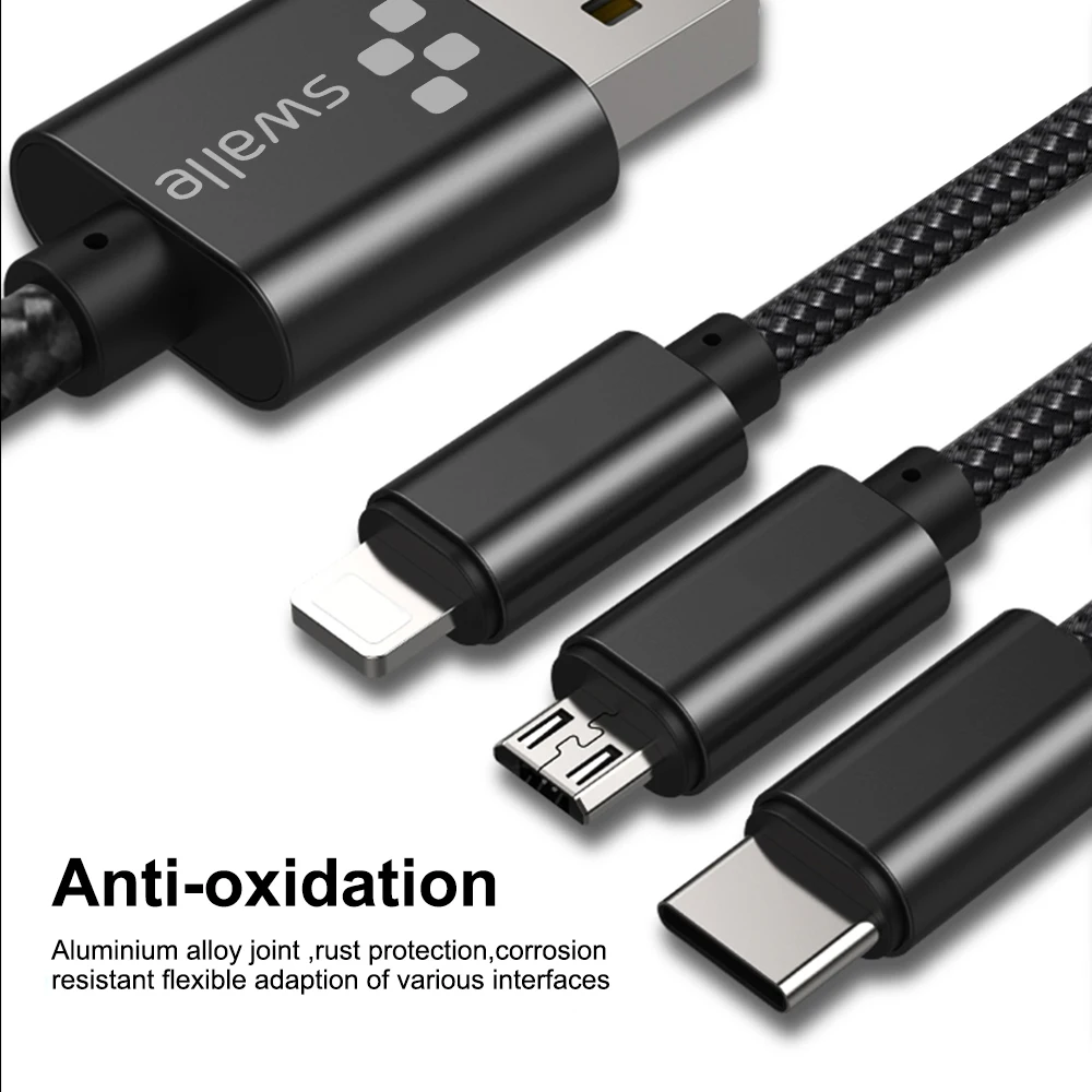 Swalle 3 в 1 USB кабель для iPhone xr Android зарядный кабель Micro зарядное устройство Шнур для мобильного телефона Micro usb type C кабель зарядного устройства