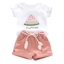 Летняя детская одежда для маленьких девочек; топы с принтом арбуза и буквами; шорты; комплект детской одежды; roupa infantil Bebes