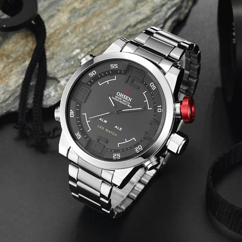 OHSEN Брендовые мужские военные часы мужские роскошные полностью Стальные кварцевые часы светодиодный дисплей спортивные наручные часы Водонепроницаемость 30 м