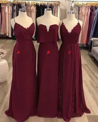 Бордовые Платья для подружки невесты длинные 3 вида стилей спагетти бретели для нижнего белья шифон элегантные женские Пром Свадебная