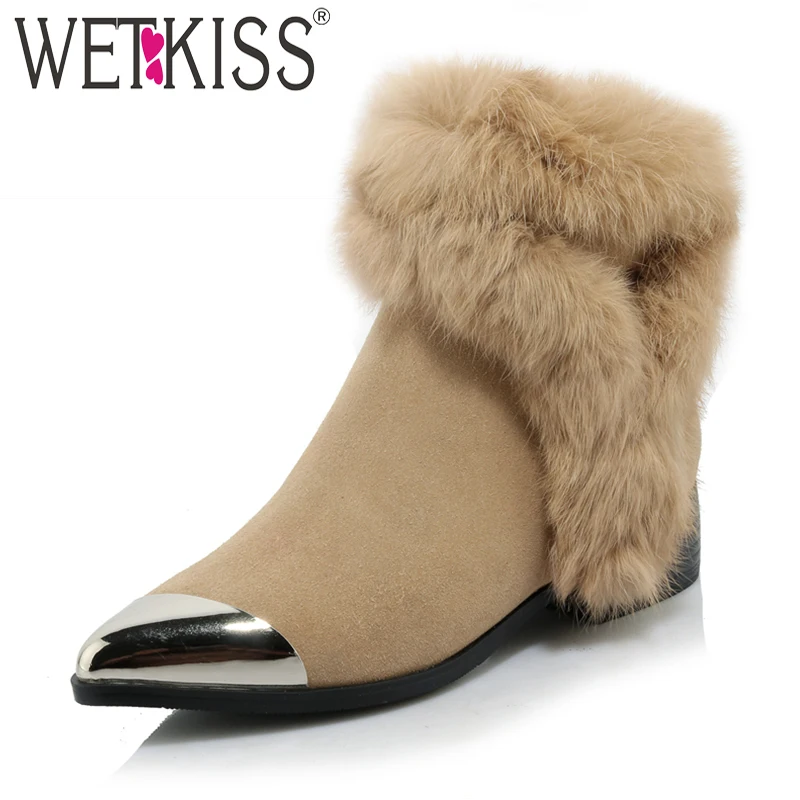 

WETKISS Stylish Warm Fur Winter Boots Designer Metal Pointed Toe Ankle Boots Easy Walking Square Heel Ladies Shoes Woman Zipper
