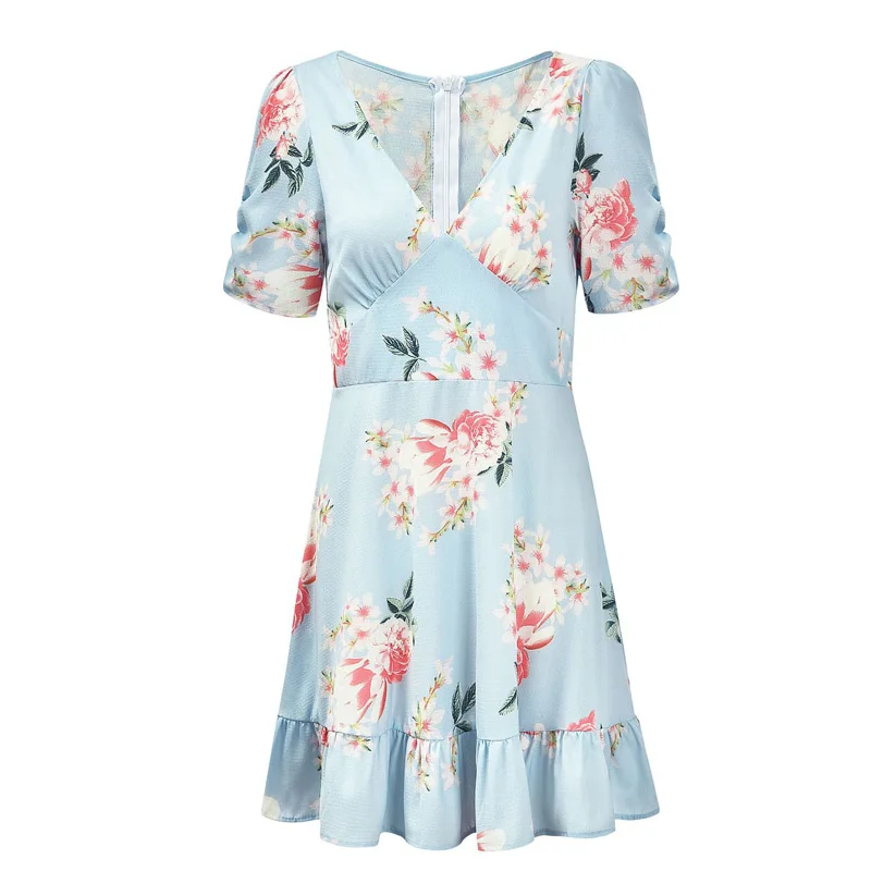 Женское платье с коротким рукавом Boho пляжное глубоким v образным вырезом и рюшами