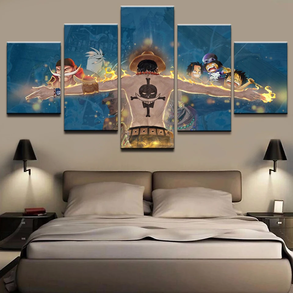 

Canvas Home Decor Modular Wall Art Picture Frame 5 Pieces Anime One Piece Fire Fist Ace Painting Living Room HD Printed Poster