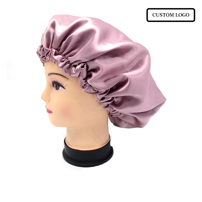 

Custom Printing Logo Pink Hat Satin Bonnets Caring Extention Wig Hairs Sleep Cap Bath Caps Adult Size 50Pcs