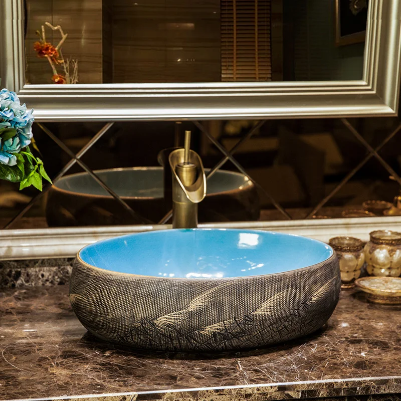 Colourful Blue and yellow glazed porcelain bathroom vanity bathroom sink bowl countertop Oval Ceramic bathroom sink wash basin Colourful Blue and yellow glazed porcelain bathroom vanity bathroom sink bowl countertop Oval Ceramic bathroom sink wash basin