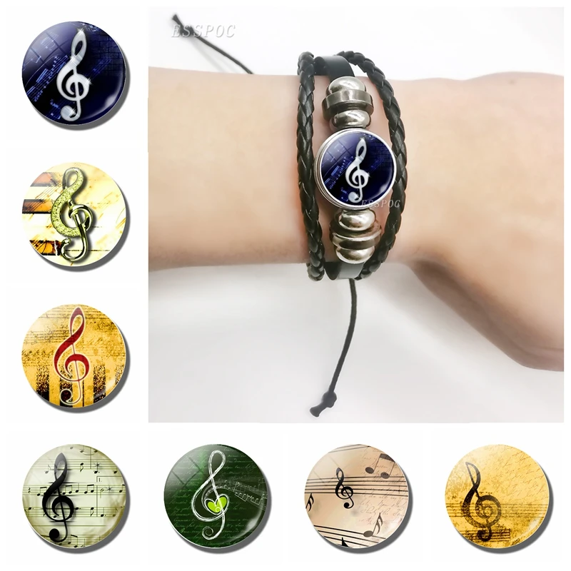 

Music Note Glass Cabochon Charm Leather Bracelets Fashion Black Multi-layer Leather Bracelet Music Lovers Gifts Free Shipping