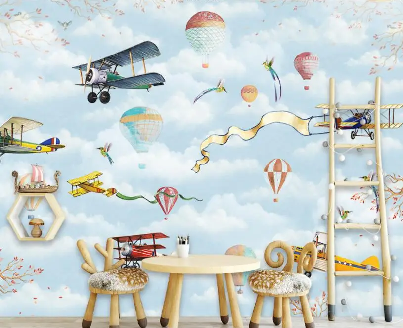 Beibehang пользовательские украшения детской комнаты обои мультфильм горячий воздух воздушный шар вишневый цвет ретро самолет облака 3d обои