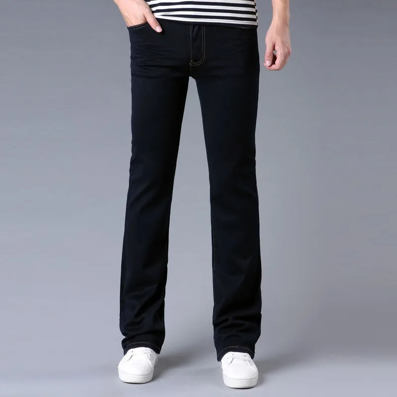 Мужские черные, синий сапог, расклешенные джинсы, Мужские джинсы в Корейском стиле, зауженные джинсы, Hommes, мужские Облегающие расклешенные джинсы, брюки из хлопка