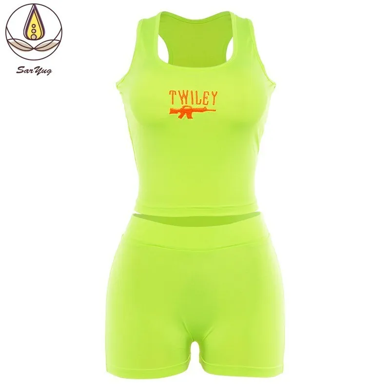 

Women Solid Tank Top Sport Clothes 2 PCS Yoga Set Workout Leggings High Waist Shorts Solid Fluorescent Clothings Sport Suit