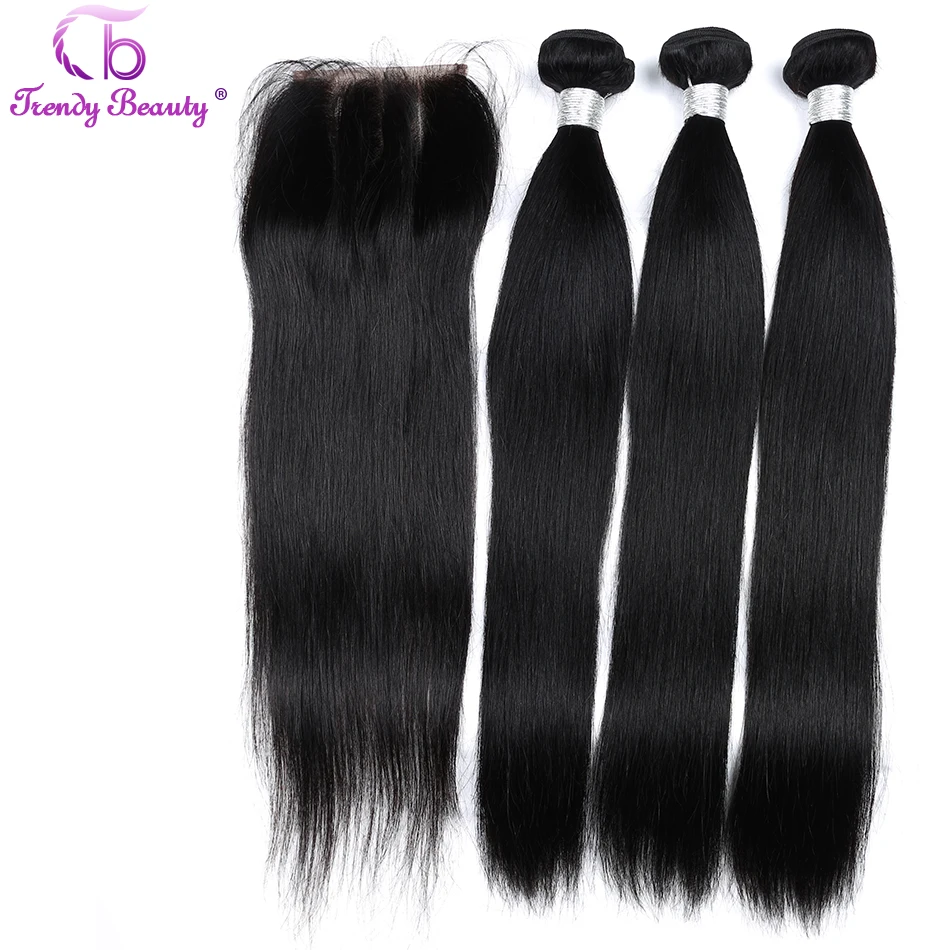 

Indian Straight hair 3 bundles with 4x4 closure Natural black 100% Human Hair Weaves 8-28 inches Non-Remy Trendy beauty 4 Ppcs