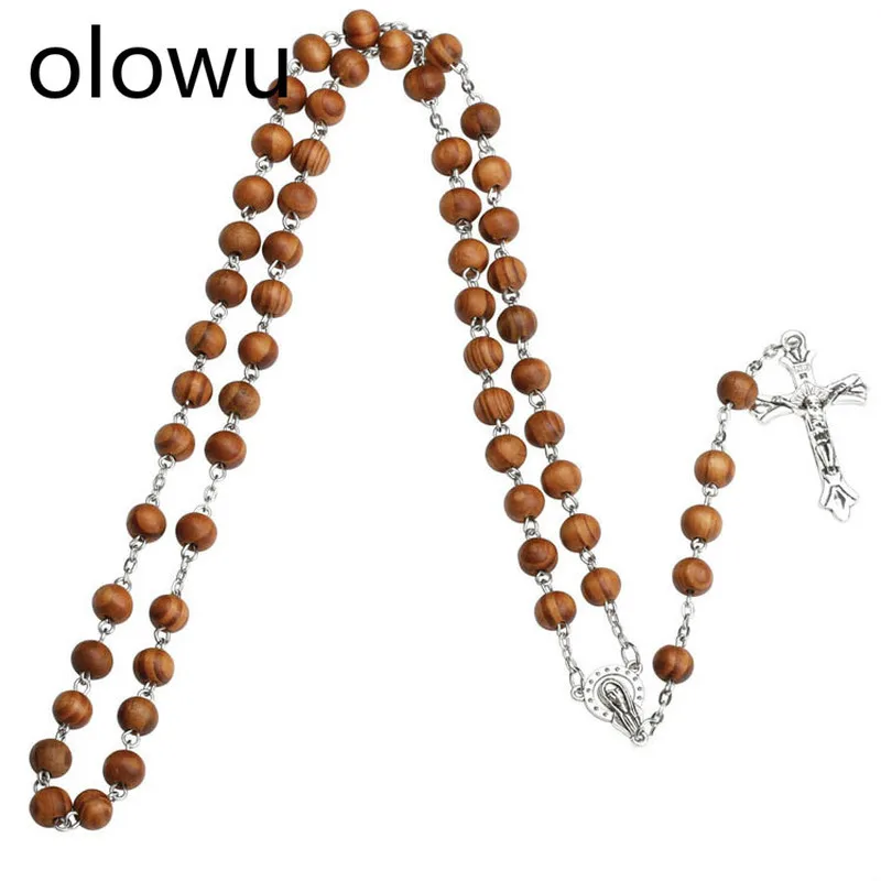 Olowu деревянные молитвенные бусы ожерелье крест Иисуса Христа рельефные