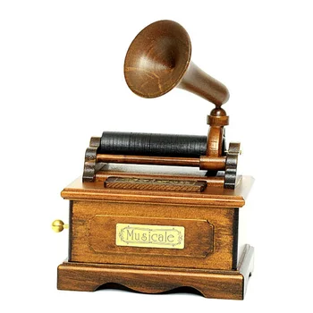

Mini retro phonograph wood color craft artwork classical delicate clockwork music box
