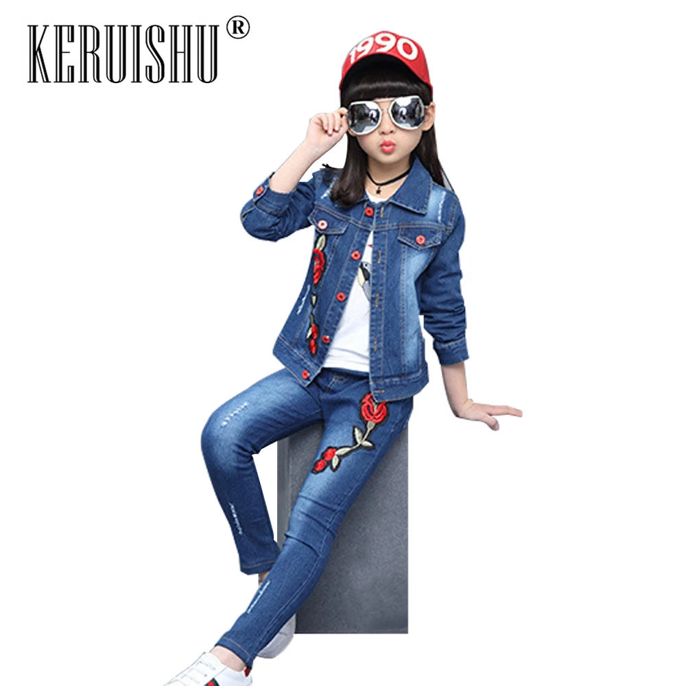 

KeRuiShu 2 pieces set Autumn Children Jeans Suit Casual Girls Denim Suit Colored Floral Embroidery Stone Mill Denim Jacket+Jeans