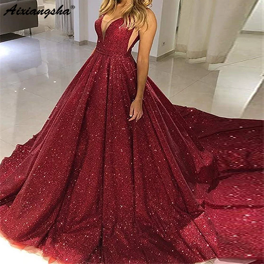 

Deep V Neck Prom Dresses 2019 V Back Sleveless Sequins Back Up Floor Length Evening Party Gown vestidos de fiesta largos elegant