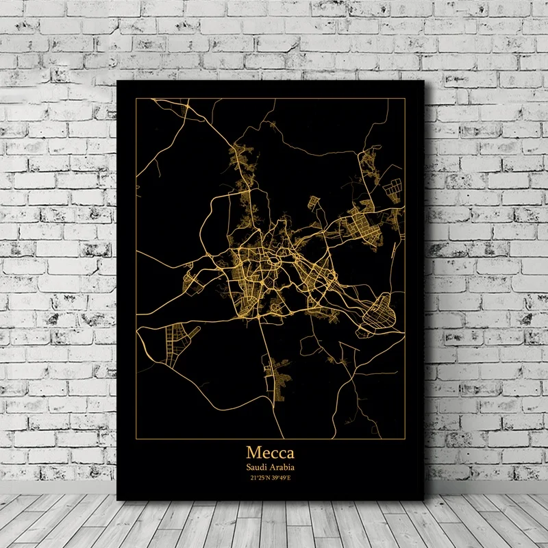 

Dammam Jeddah Mecca Medina Riyadh Saudi Arabia Black and Gold City Map Poster Canvas Print Home Decor No Frame