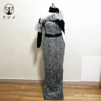 

New Arrival High Collar Bling Bling Star One Shoulder Long Sleeve Straight Floor Length Formal Prom Dresses