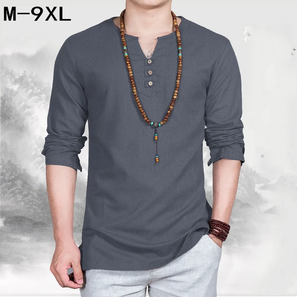 

Linen men big v-neck t shirt Chinese style fat guy plus size men's Casual long-sleeve large T-shirt 7XL 8XL 9xl bust 162 cm