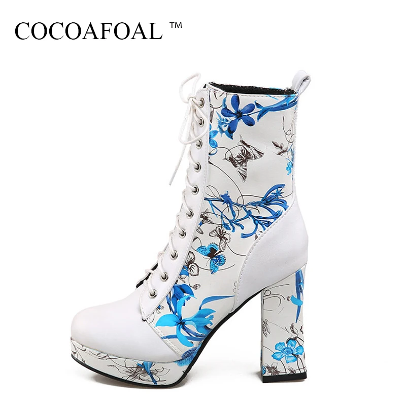 

COCOAFOAL Women's Lace Up Green Ankle Boots Autumn Winter Plus Size 34 - 43 Red High Heeled Shoes Sexy Embroider Martin Boots