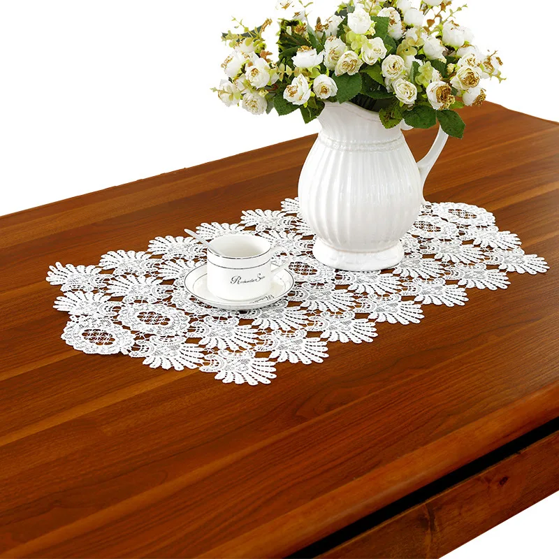 Embroidered Lace Table Runner TV Bench Stand End Table Cover Decoration 40cm x 50 70 90 150 180 220 250 280cm White