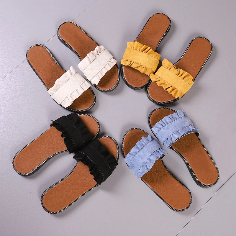 

HEE GRAND Slippers Summer Flat Slides Shoes Woman Fashion Low Heel Sandals Casual Ladies Shoes Sweet Ruffle Female Shoes XWT1726