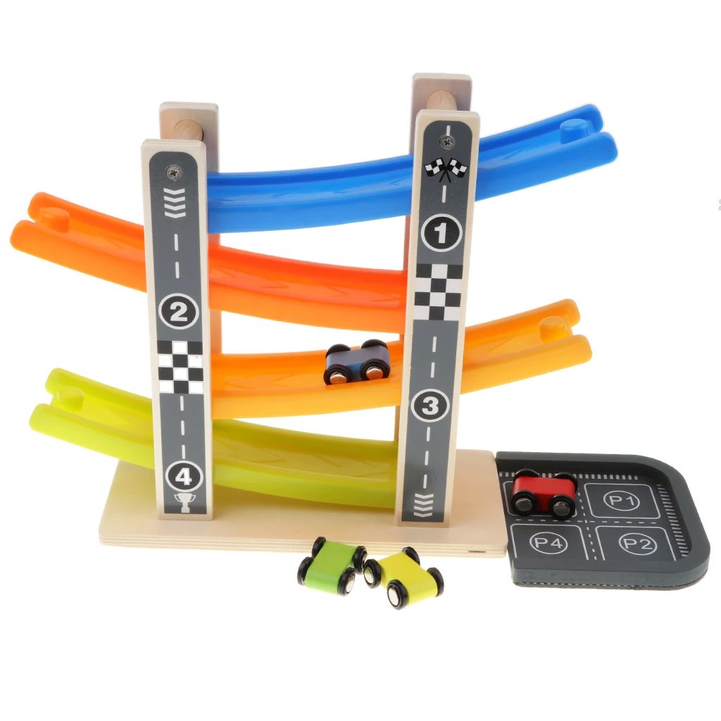 Wooden Inertial 4-Layer Colorful Ramp Race Track & Racing Car Playset Wooden Toy Baby Fine Motor Skill Developmental