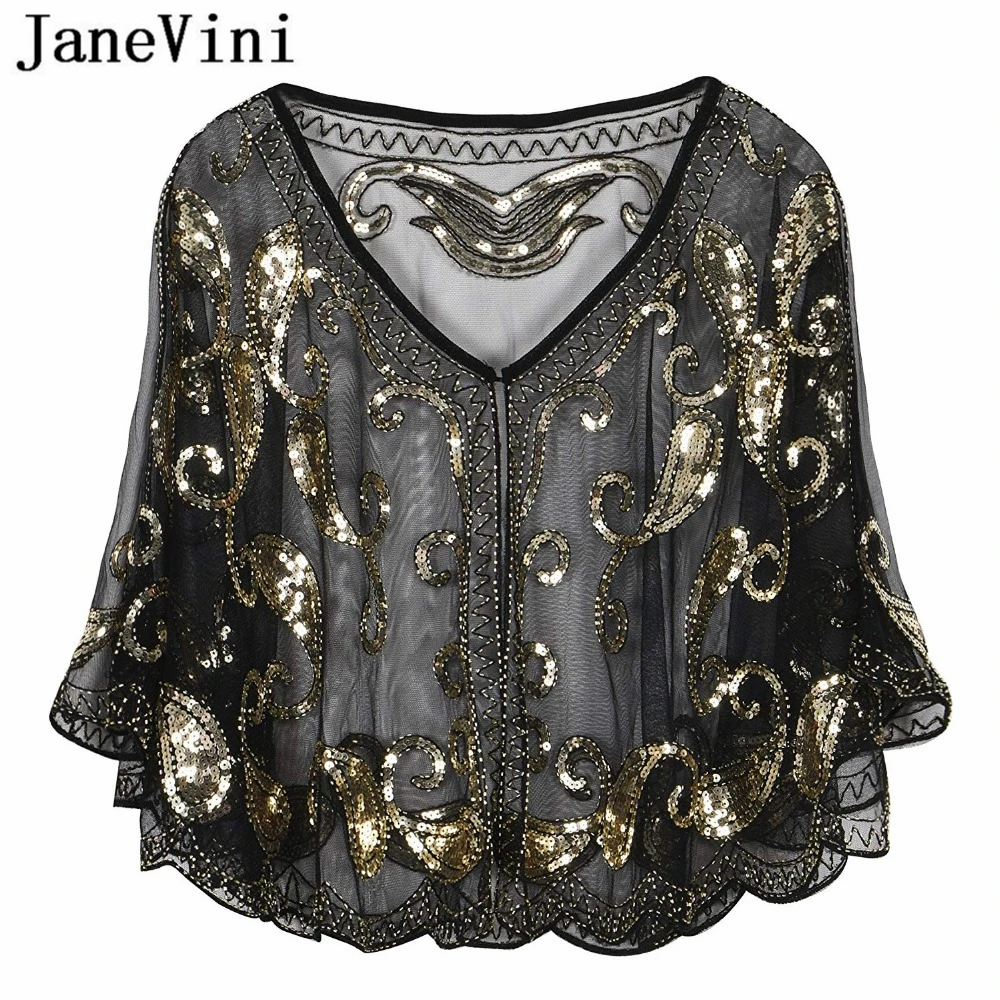 Capa de Casamento Acessórios de Casamento Janevini Cintilante Lantejoulas Preto Ouro Nupcial Xale Envoltório Bolero v Pescoço Curto Stoles Feminino