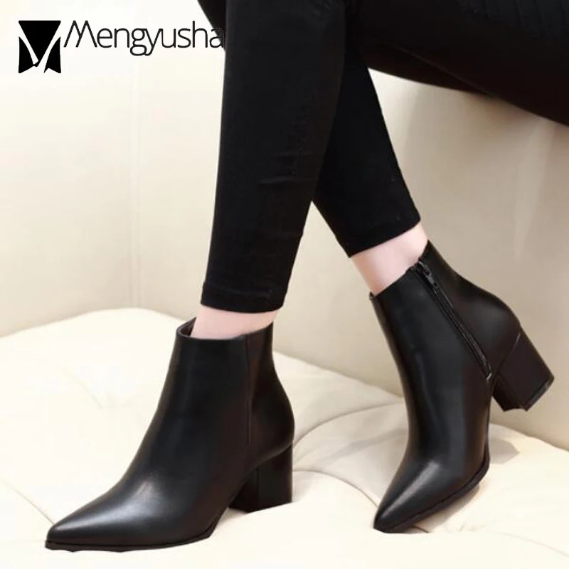 

Solid Leather Boots Woman Zipper Martin Boots Winter Short Ankle Booties Pointed Toe Thick High Heels Chelsea Botas Snow Shoes
