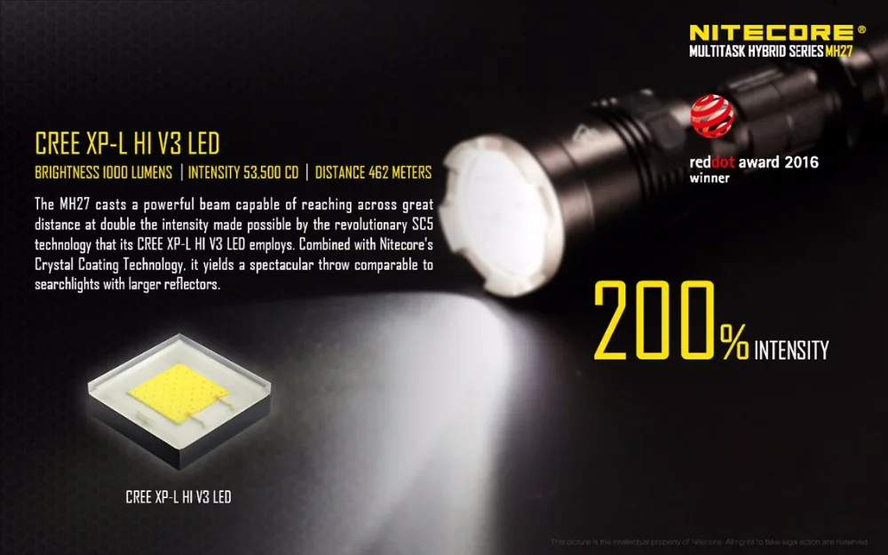 Светодиодный открытый фонарик NITECORE MH27 многозадачность факел max.1000LM Луч расстояние 462 метра тактический фонарь с батареей 18650