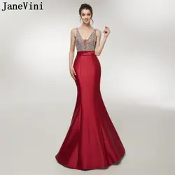JaneVini Роскошные платье для выпускного вечера вышито бисером с блестками Атлас V средства ухода за кожей Шеи бордовый Сексуальная Русалка