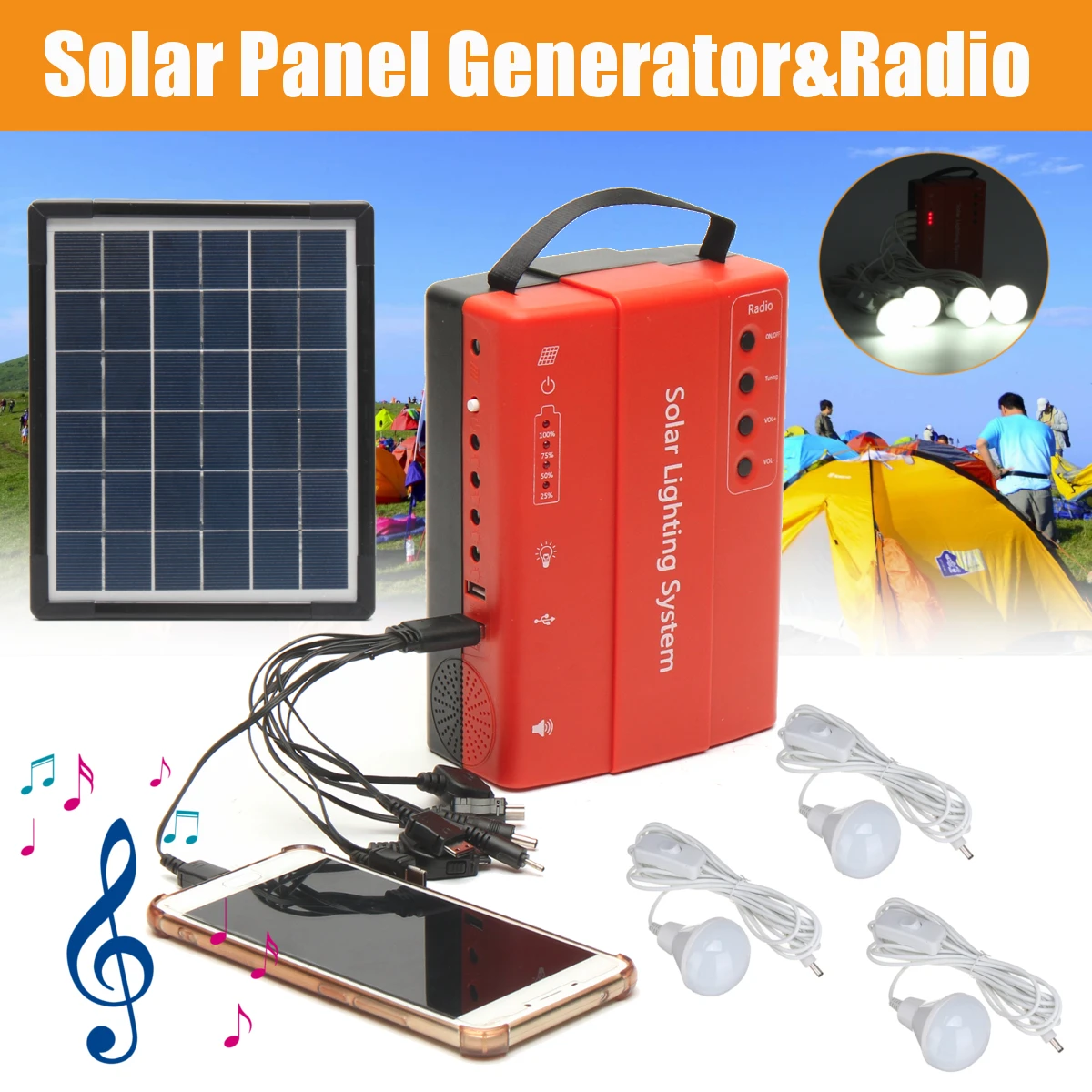 

Solar Panel Power Storage Generator System LED Light USB Charger Portable Home Outdoor LED Lighting System Support FM Radio