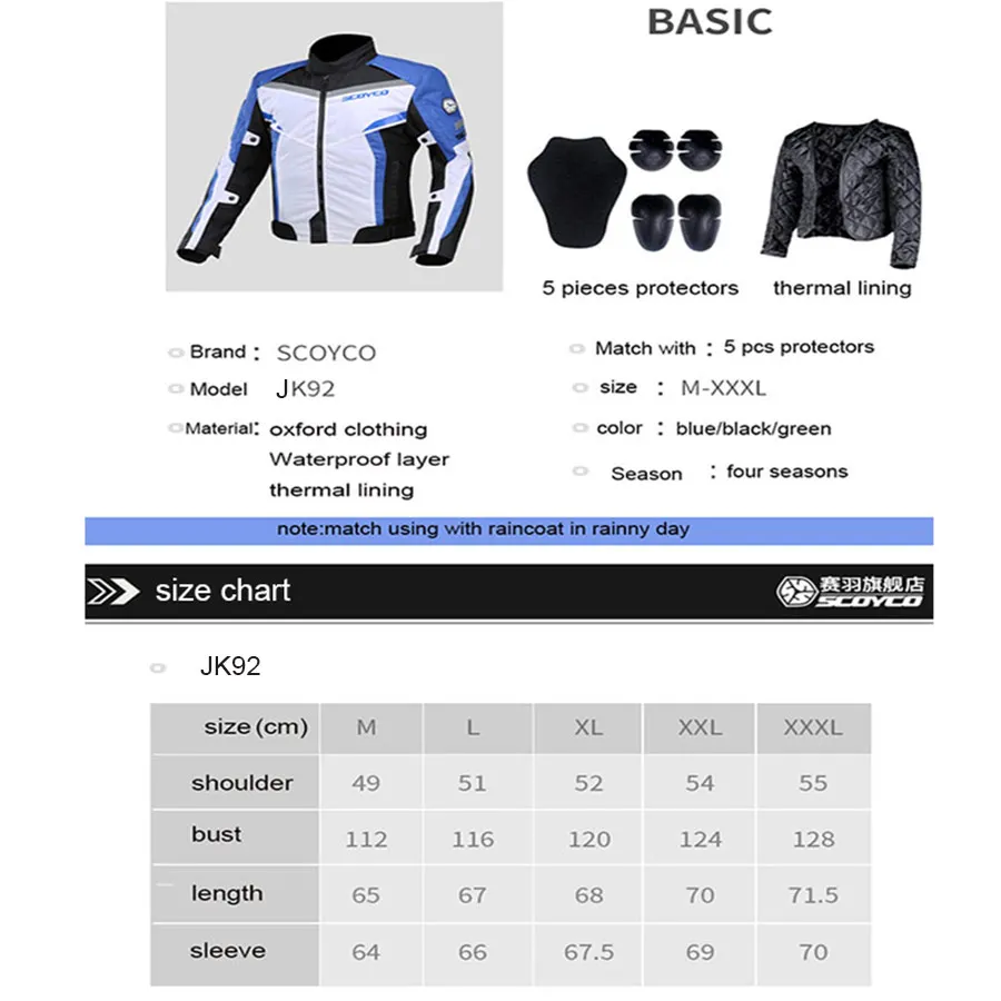 SCOYCO NEW Motorcycle Jacket Windproof Waterproof Coldproof Long Distance Touring Driving Clothing Motocross Jacket JK92