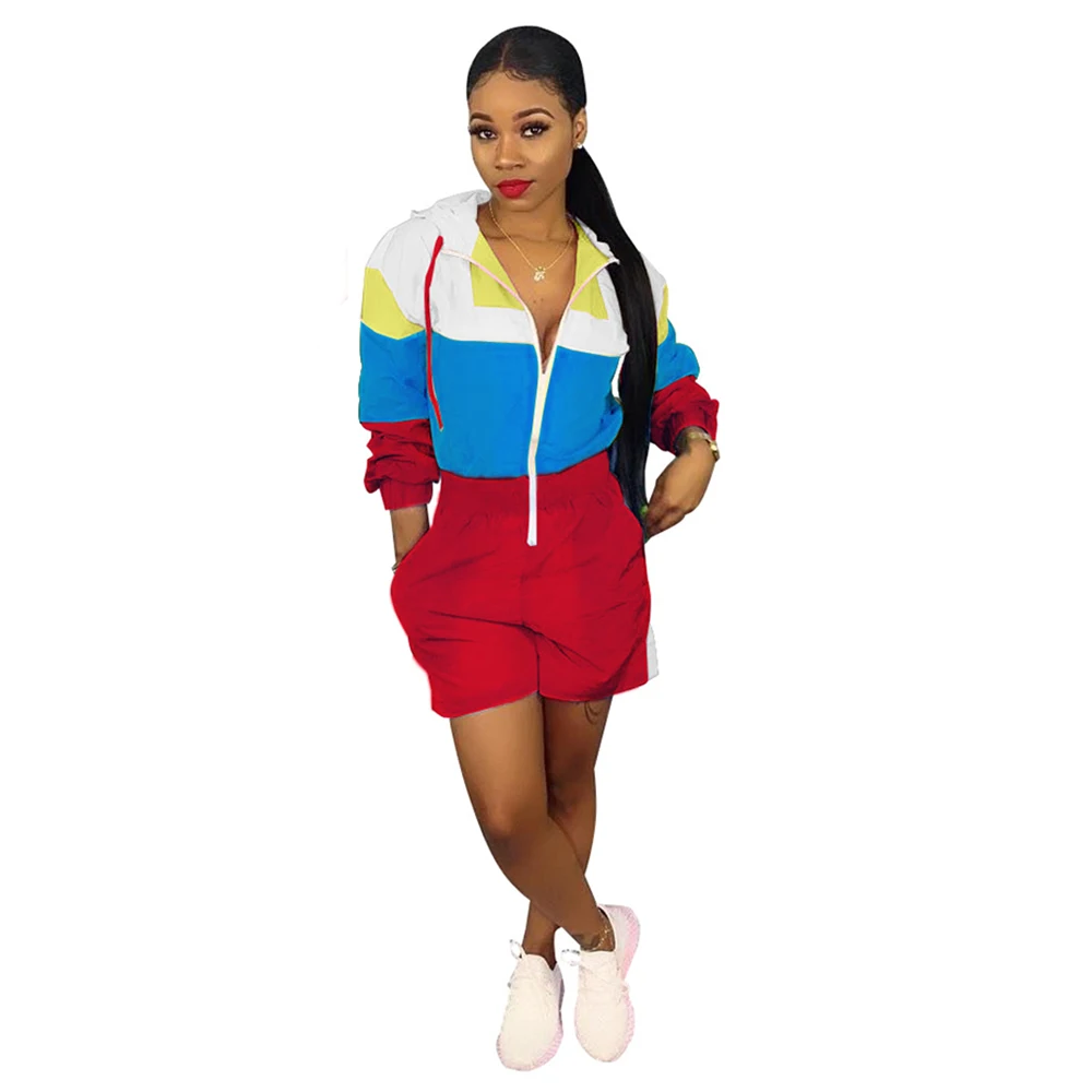 Повседневное молния солнцезащитный крем Playsuit Сексуальная шить Цвет с длинным рукавом шорты облегающий костюм женская спортивная одежда