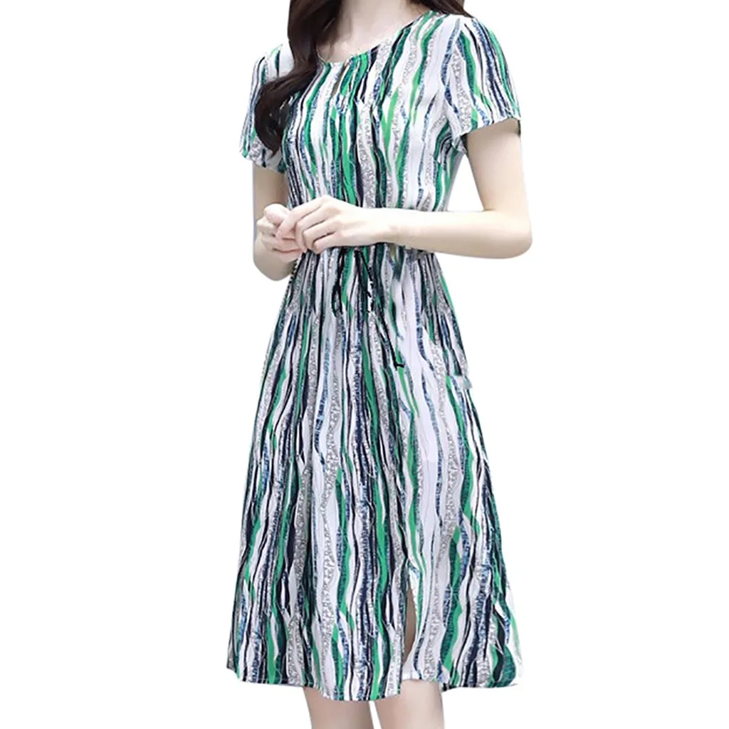 

Women's Stripe Printing Green Flare Fit Short Sleeves O-Neck Knee Length Mid Dress Summer Girl's Ladies Dresses Elegant Sundress