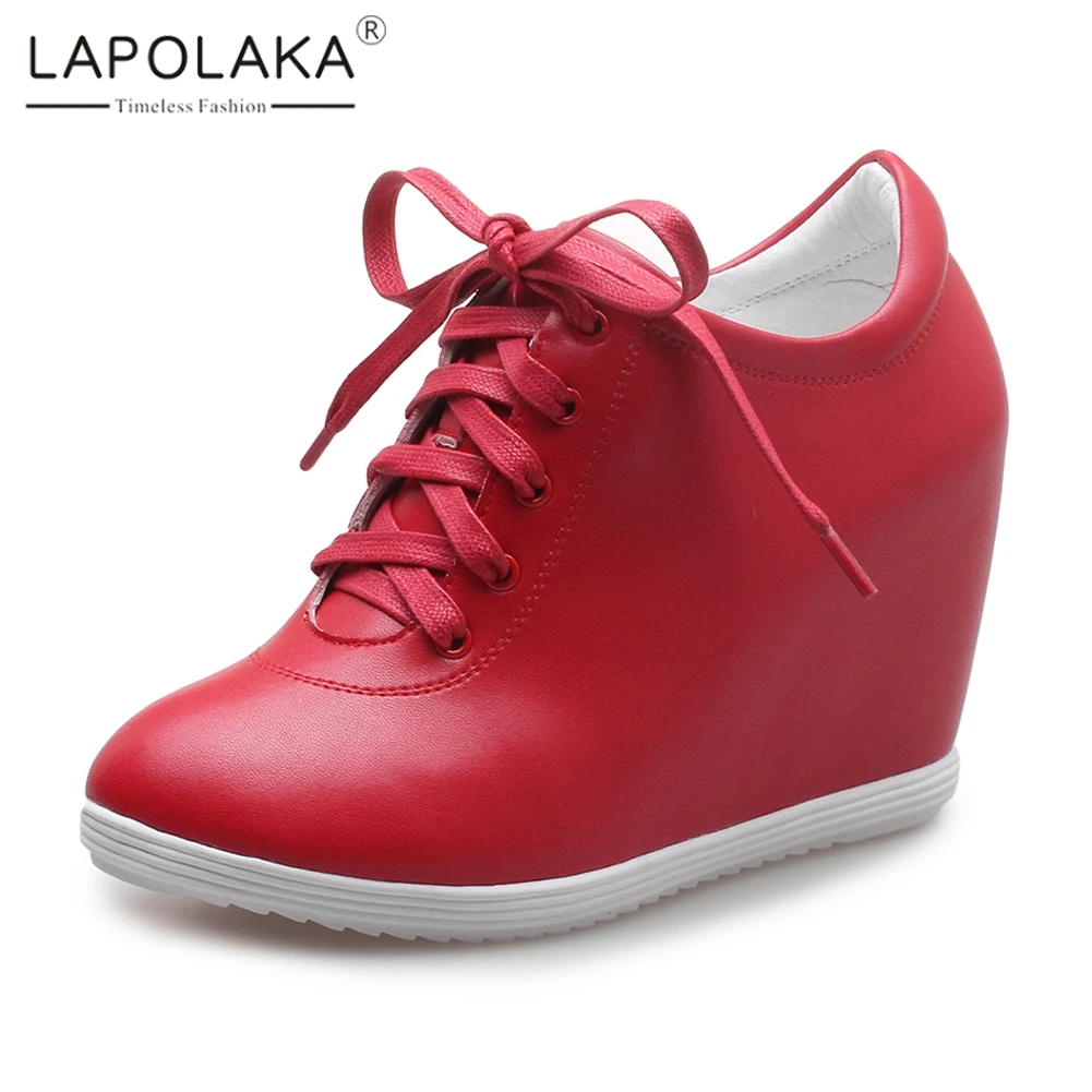 

LAPOLAKA Brand new dropship wholesale cow leather sneaker woman shoes black red hot sale increasing heels Vulcanize shoes woman
