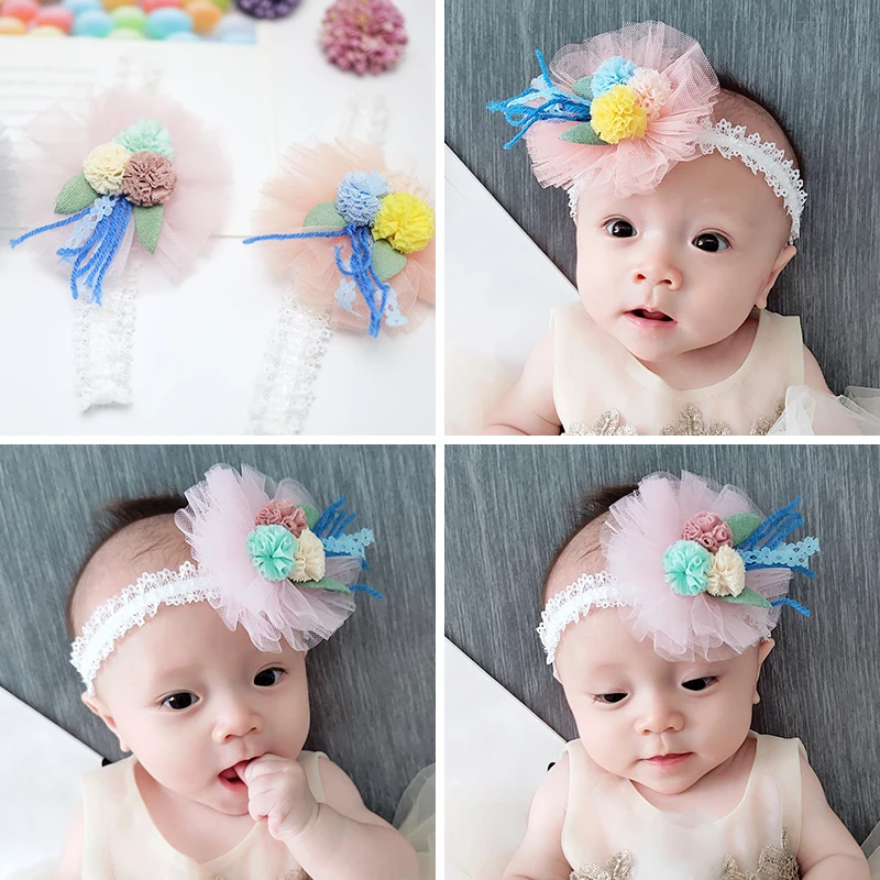 

Boutique ins 15pcs Fashion Cute Pom Pom Floral Headbands Solid Flower Lace Soft Hairbands Princess Headwear Hair Accessories