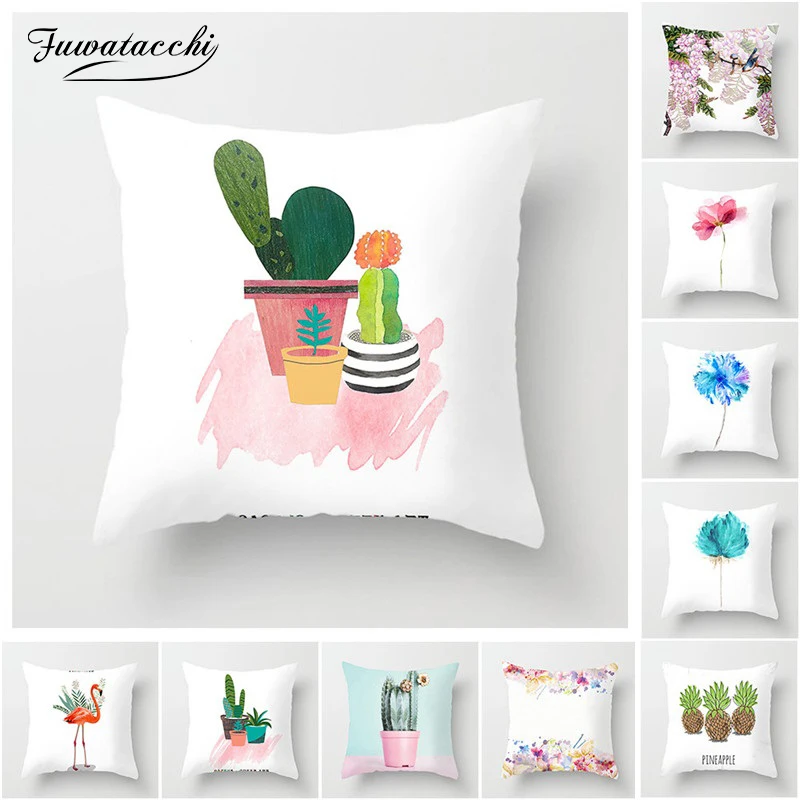 

Fuwatacchi Painting Cactus Cushion Cover Flamingo Pineapple Flower Solid Pillow Case For Home Decorative Car Sofa Chair