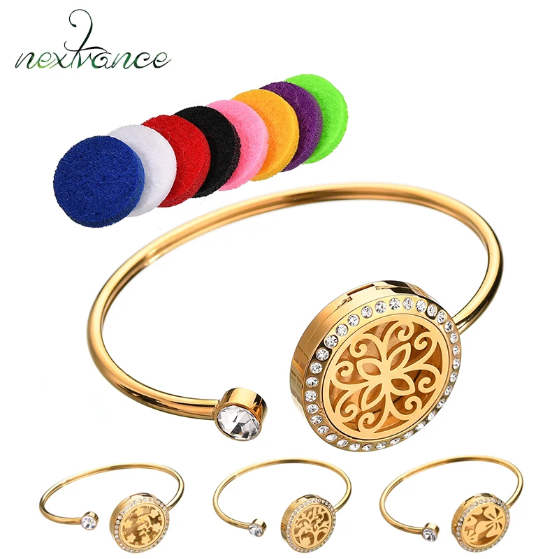 

Nextvance Essential Oil Aromatherapy Locket Bangle CZ Stone Luck Four Leaf Open Bangles For Female Jewelry Bijoux Femme