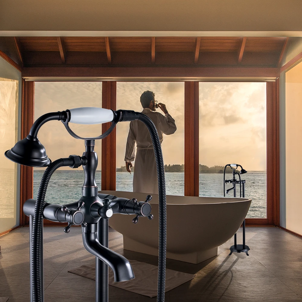 

Contemporary Blackened Bronze Tub Mixer Tap Bathroom Faucet Floor Mount Tub Filler Tap Dual Handle and Hole Creamic Handshower
