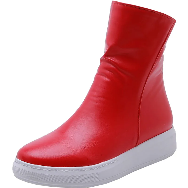 Женская обувь г. Новые женские зимние ботинки из искусственной кожи женские зимние ботинки красного, белого, черного цвета ботильоны на плоской подошве с круглым носком, большой размер 9 - Цвет: red