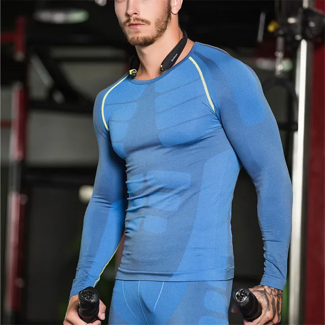 Gym Wear Mens Fitness Long Sleeves T Shirt Men Bodybuilding Skin Tight Thermal Compression