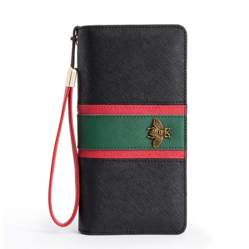 

Women Designer Genuine Leather Long Wallet Famous Brands Bee Purse Ladies Long Leather Wallet Luxury Female Tri-color Bag