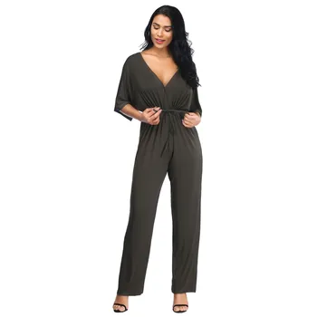 

Women Sexy V Collar Loose Jumpsuit Short Sleeve Drawstring Pants Suits Solid Plus Size Long Rompers
