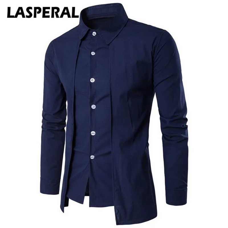 

LASPERAL Brand Men Social Shirt Autumn Fashion Solid Two Pieces Mens Dress Shirts Causal Long Sleeve Slim Shit Camisa