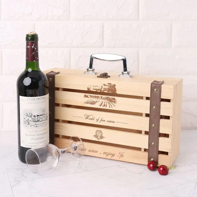 Vintage Wood Red Wine Bottle Box Carrier Crate Case Storage Carrying Display Holder Birthday Party Christmas Gift