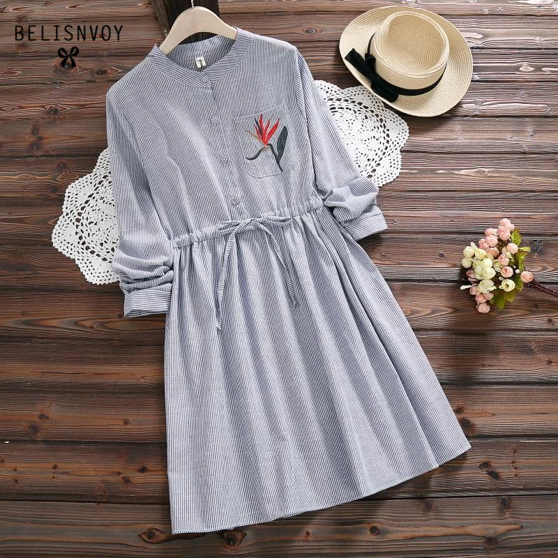 

Robe Femme 2019 Spring Autumn Cotton Linen Women Blue Striped Vintage Dress Long Sleeve Drawstring Waist Embroidery Dresses