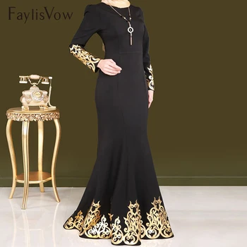 

Palace Style Muslim Women Dress Gold Stamping Printing Long Sleeve Dubai Abaya Dresses Kaftan Black Robe Islamic Muslim Clothing