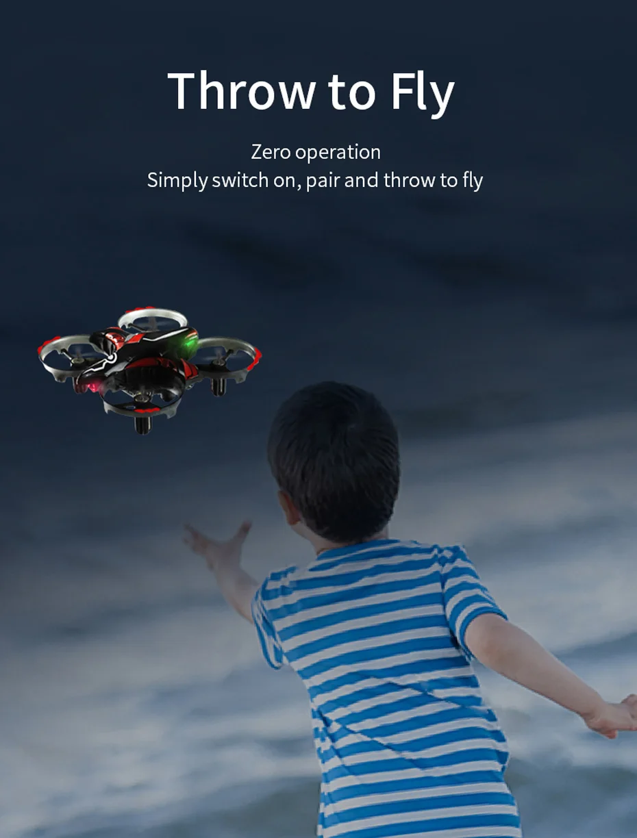 JJRC H56 Mini Drone, throw to fly operation simply switch on, and throw to flight pair_