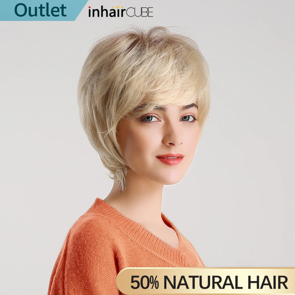 

INHAIR CUBE 6 Inches Synthetic Blend Hair Natural Wave Short Wigs for Women Fluffy Ombre Blond Free Wig Cap