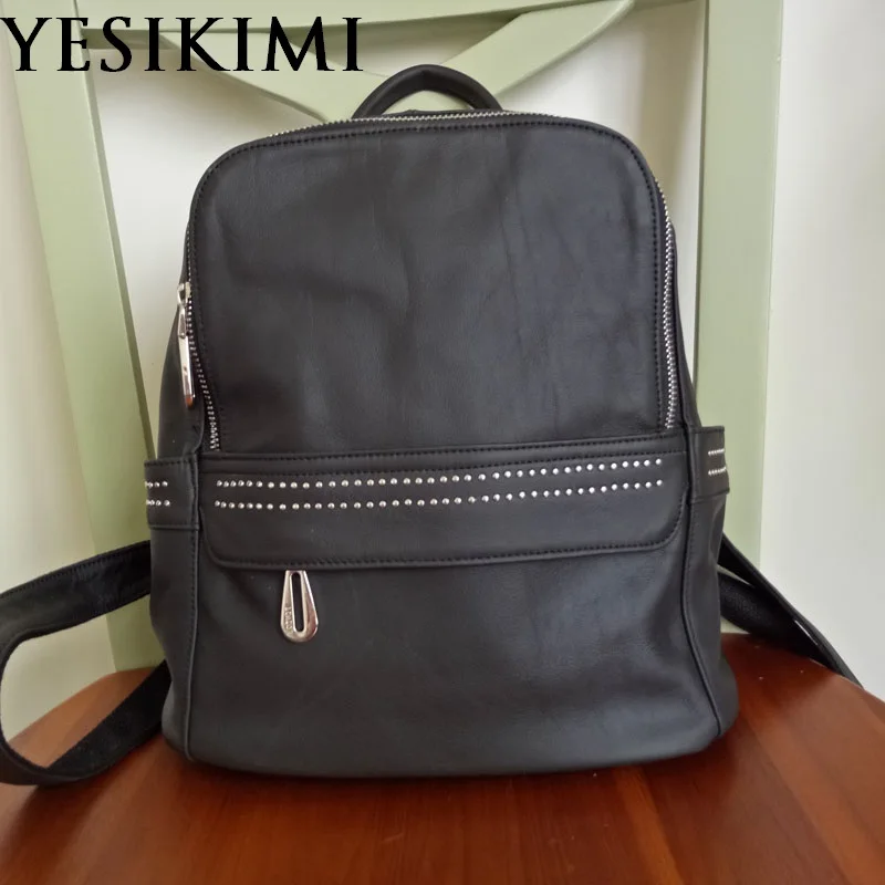 

YESIKIMI Genuine Leather Backpacks Unisex Casual Backpack Punk Rivet Black Bookbags Zipper Closure Cowhide Leather Backpack